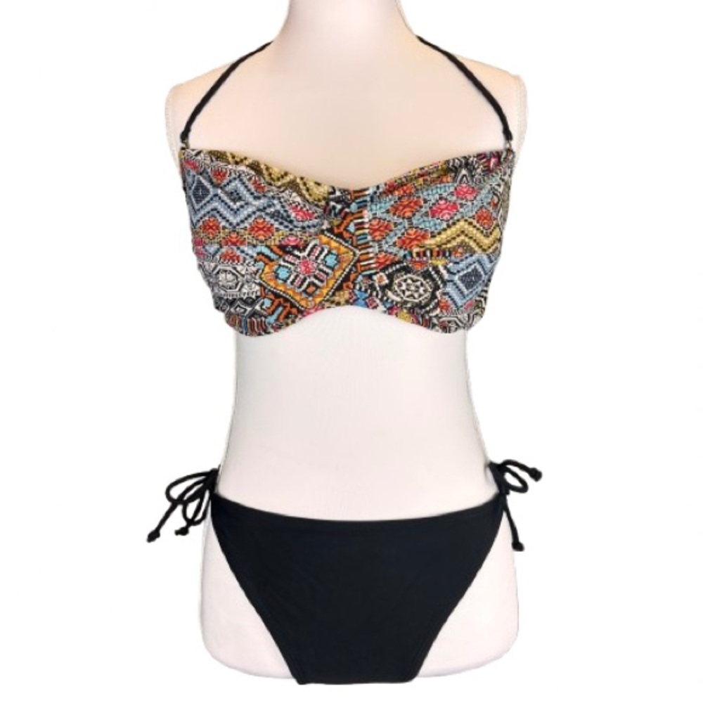 Mossimo Bandeau Bikini Set L Black Tie Side Bottoms Boho Tribal Top